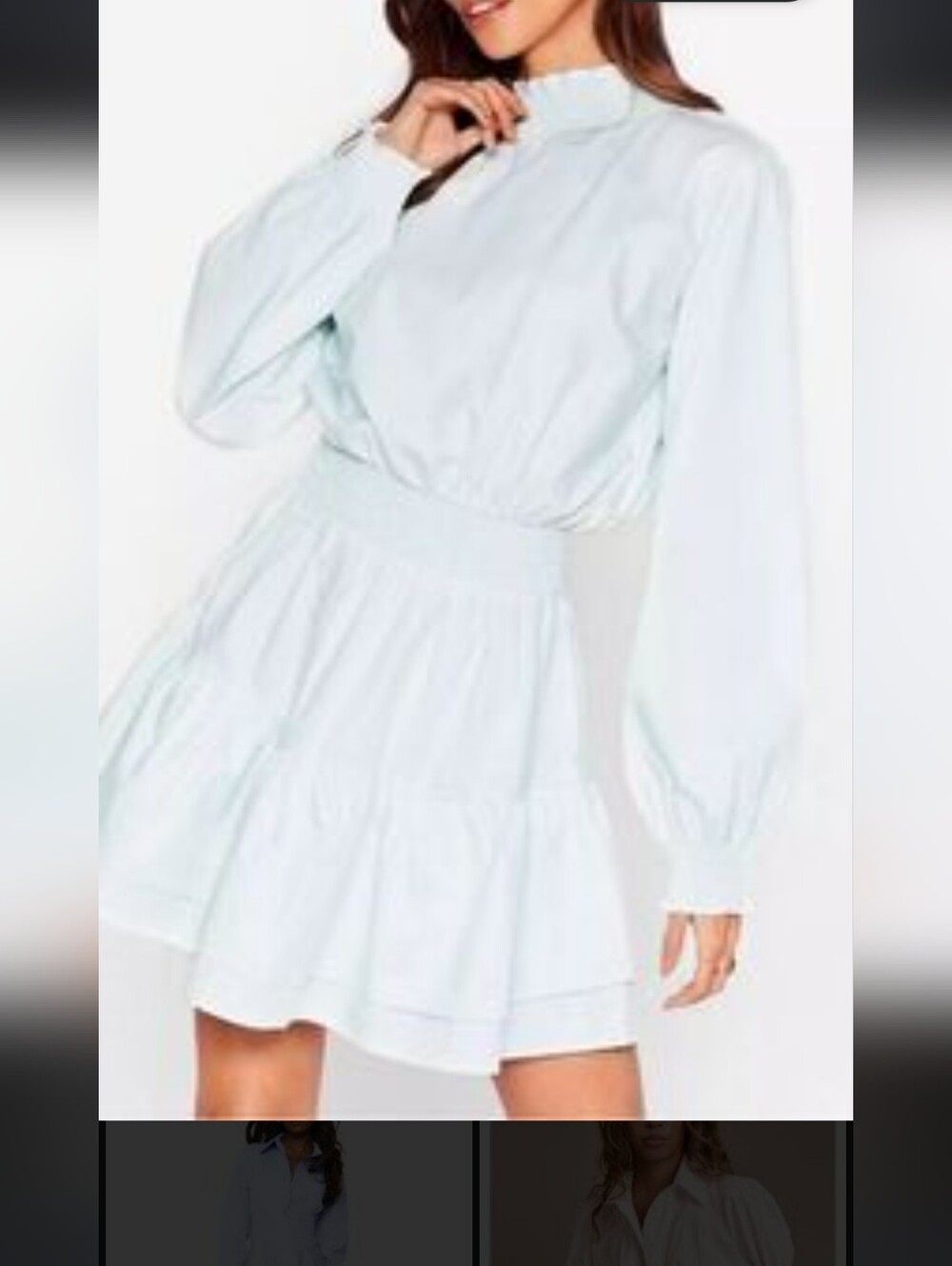 Nasty Gal White Smocked-Waist Long Sleeve Mini Dress